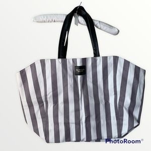 Victoria's Secret Gray and White Stripe Tote Bag with Black Faux Leather Handles